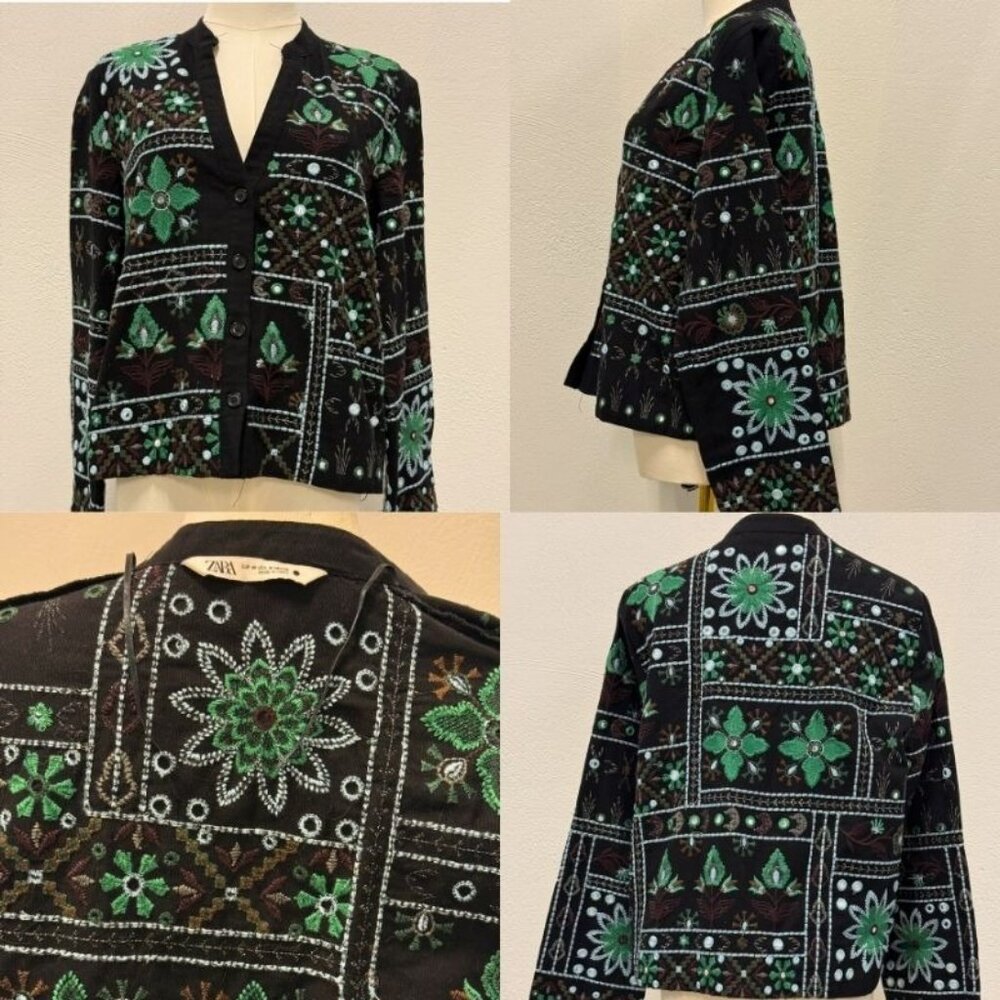 Zara Boho Embroidered Mirror Floral Blouse  Size XS